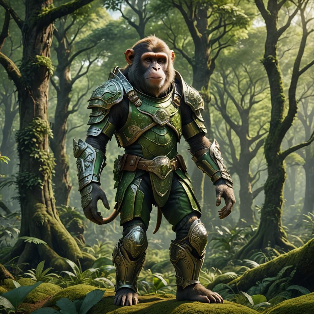 brown monkey in green and silver armor in green forrest