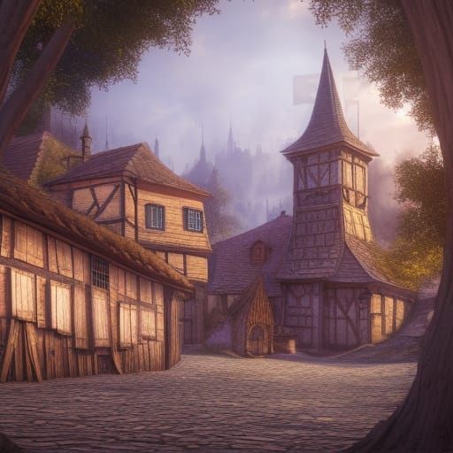 wooden mansions, middle ages, a tree , cobbled street