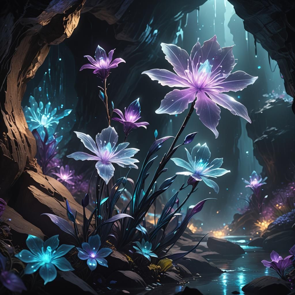 Crystal Flower Blooms in Bioluminescent Cave