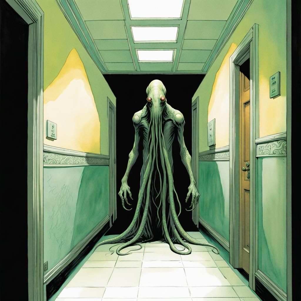 Lovecraftian Creature inside the Hallway of a mental institu...