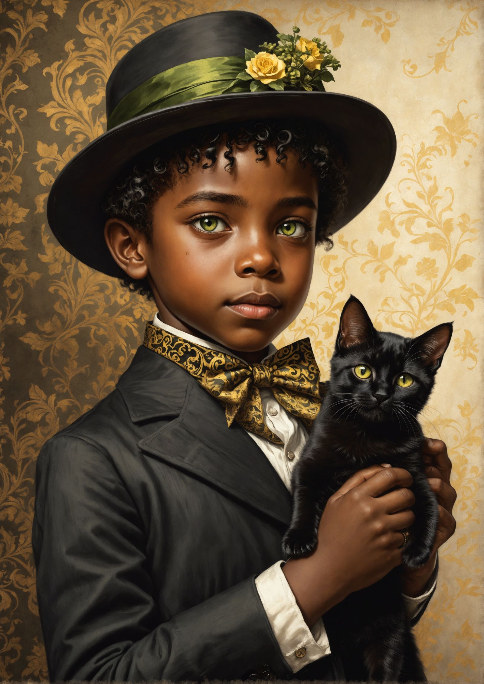African American victorian boy holding a small black cat wit...