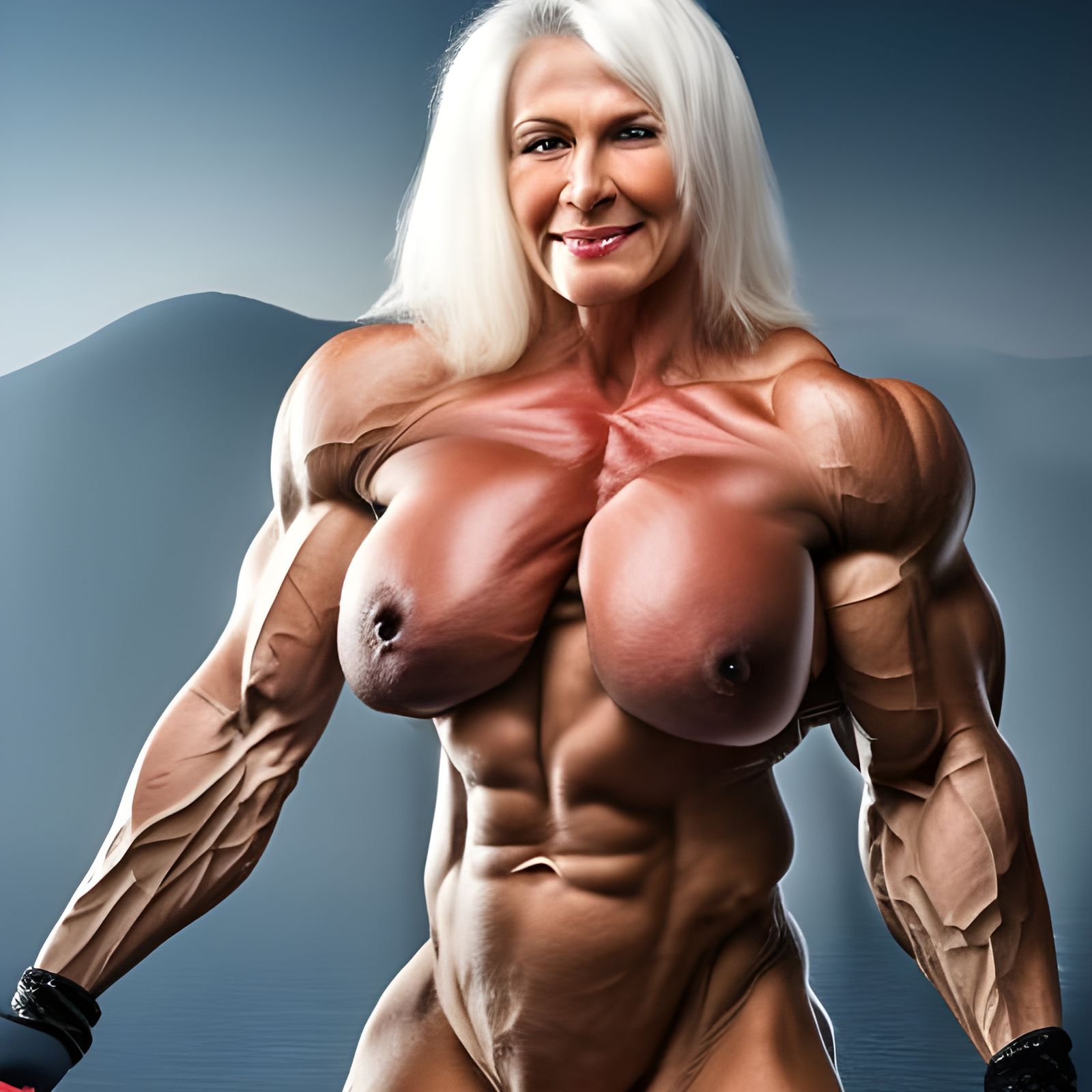 50 year old female bodybuilder with beautiful face, white hair, a prominent  nose and absolutely colossal enormous muscles completely covered... - AI  Generated Artwork - NightCafe Creator