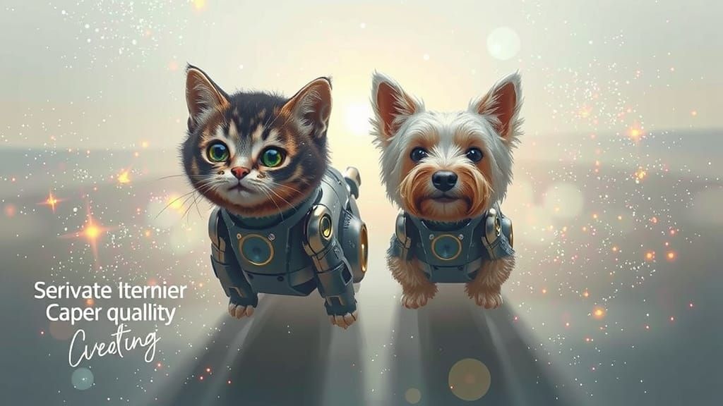 Epic digital painting. Medium shot. Two whimsical sci-fi robots, a kitten and a Yorkshire terrier, soar upwards toward a vast cosmic sky. In...