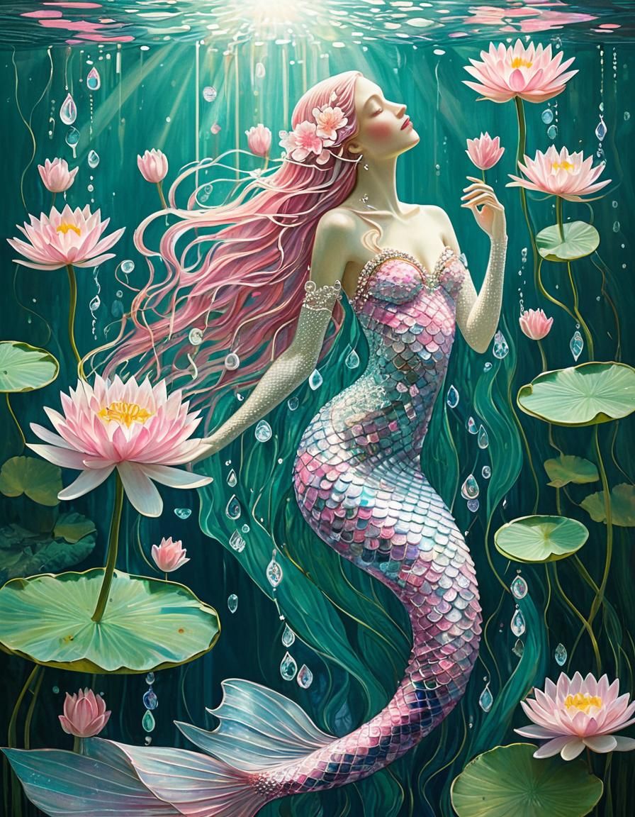 Underwater. Mermaid with pink and white flowers in het long flowing crystal hair. Lilypads and sunrays. filligree details. Glass and crystal...