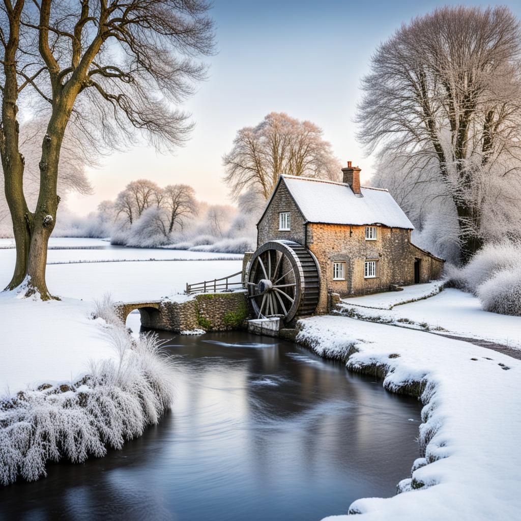 British Countryside River in Winter Landscape, with cottage and frozen water wheel   by @Dave