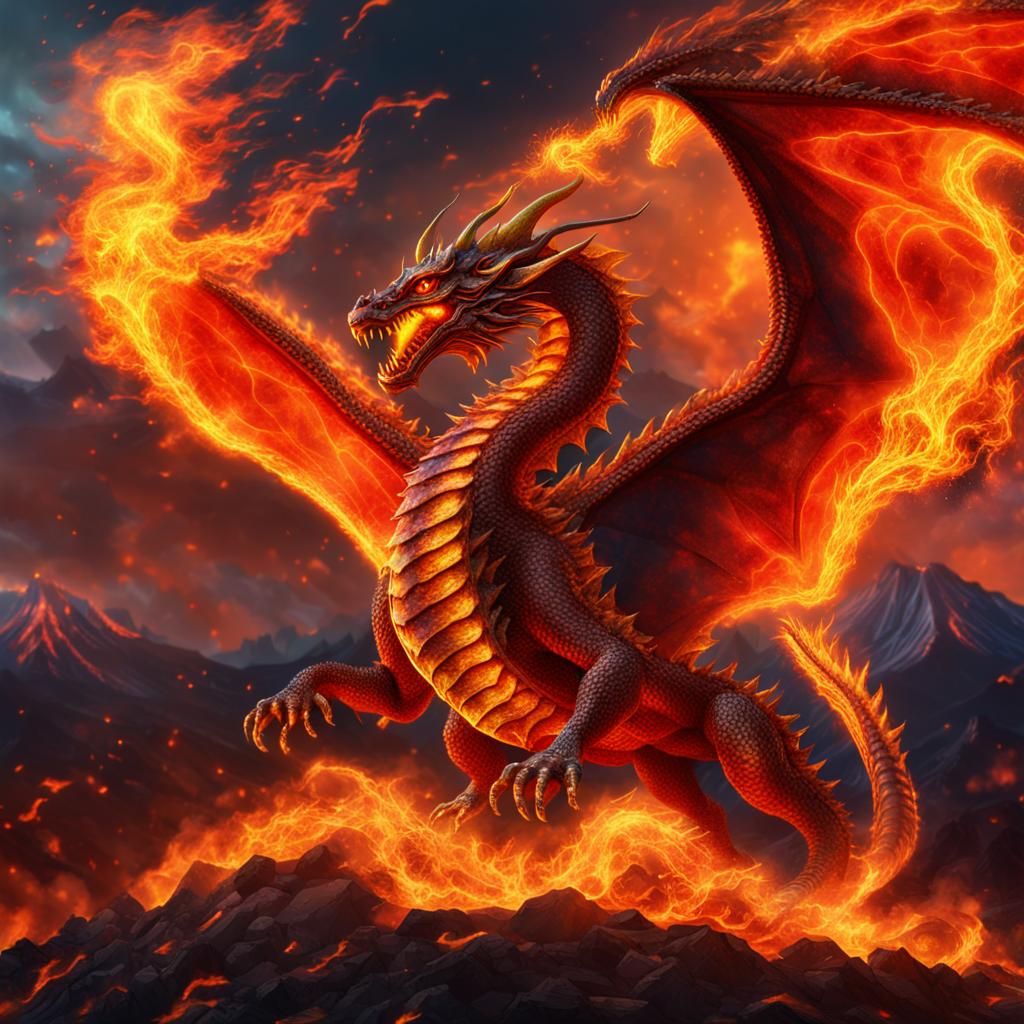 A dragon entirely made of fire ,reds, yellow,orange flames flying over a fiery volcano mixed media 8K ...  by @eileenMcC