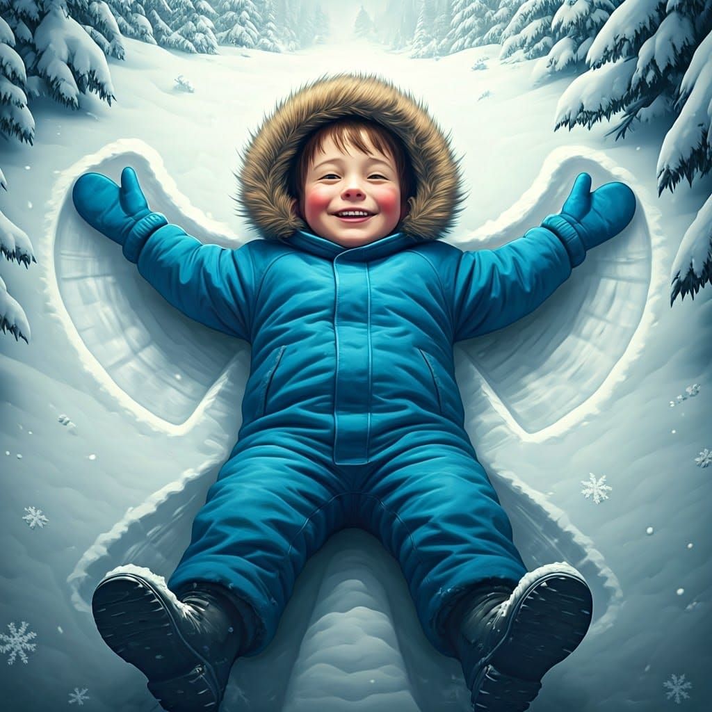 Serene Winter Scene with a Joyful Child in a Snowy Paradise
