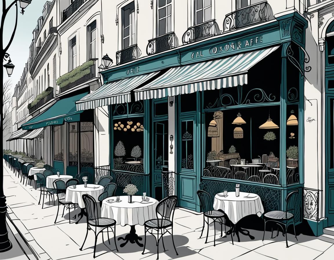 "Edward Gorey style illustration of Quaint Parisian cafe wit...