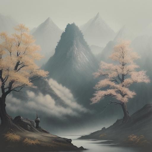 Lone Swordsman on Misty Peak: Chinese Ink Painting