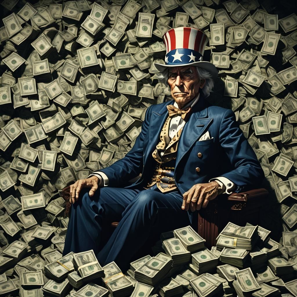 Uncle Sam sitting on a giant pile of money