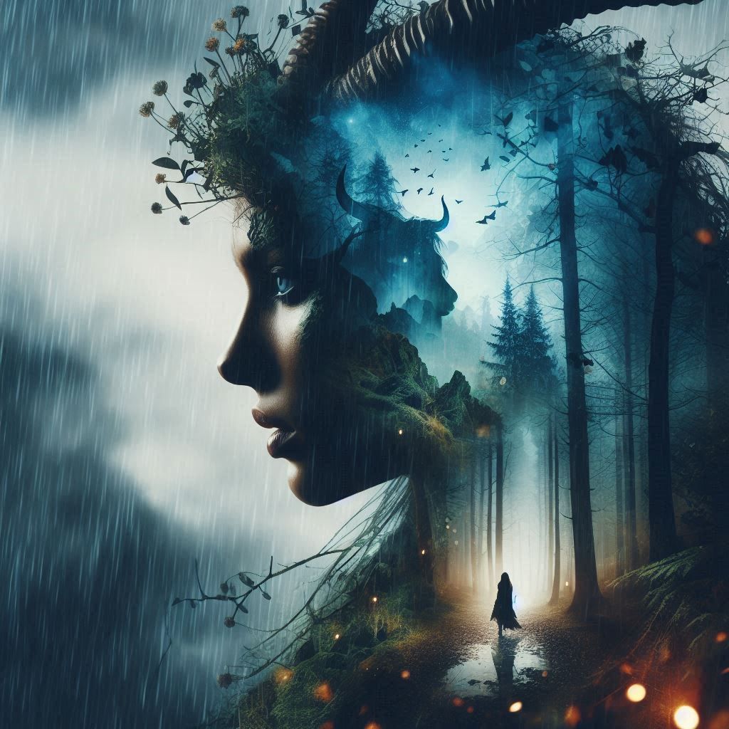 double exposure beautiful fantasy DALL-E 3 portrait landscape..
