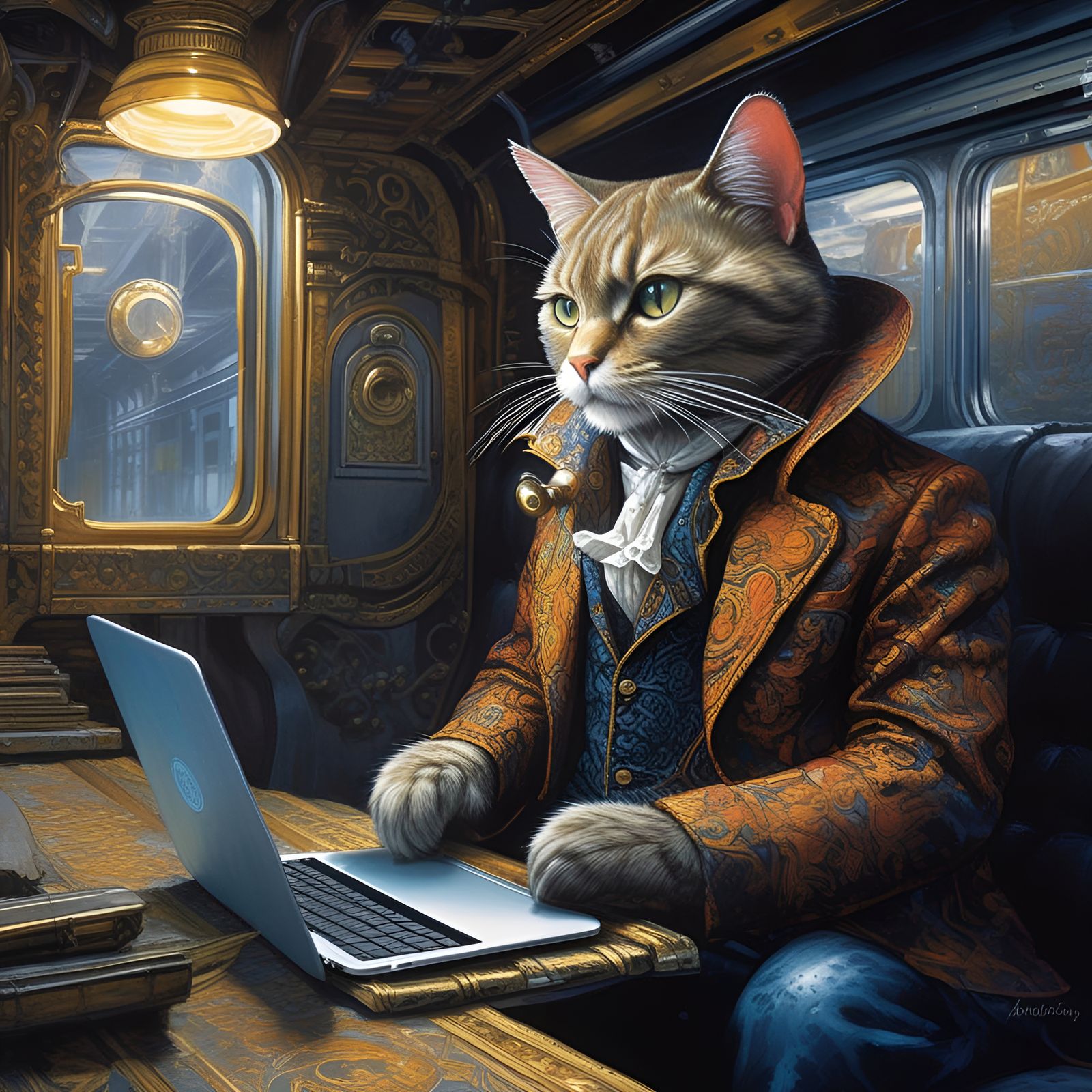 Cat-Commuting to work on the train  by @Mongolius