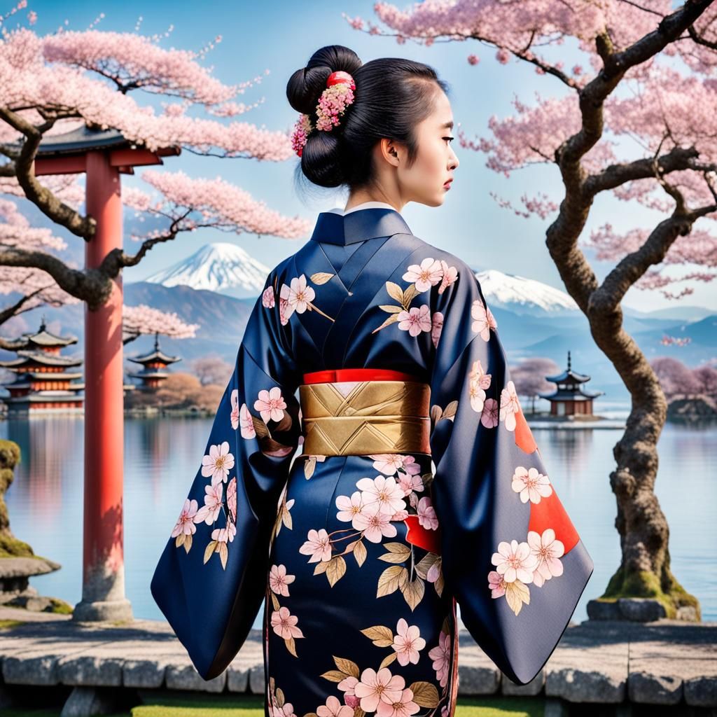 Woman in an intricate kimono ,  beautiful ancient sakura tre...