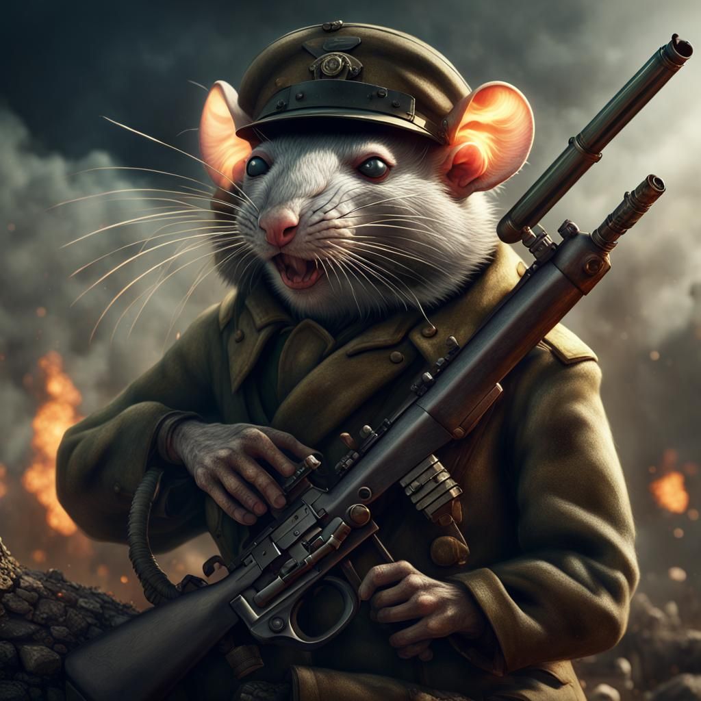 A rat soldier hold a WW2 rifle while smoking a cigarette in a