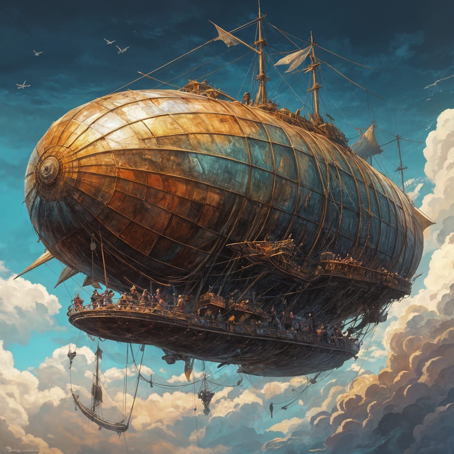 A sleek airship, that resembles a sailing ship, soars through a thunderous sky, its solar sails stretched ...  by @Baelfyr