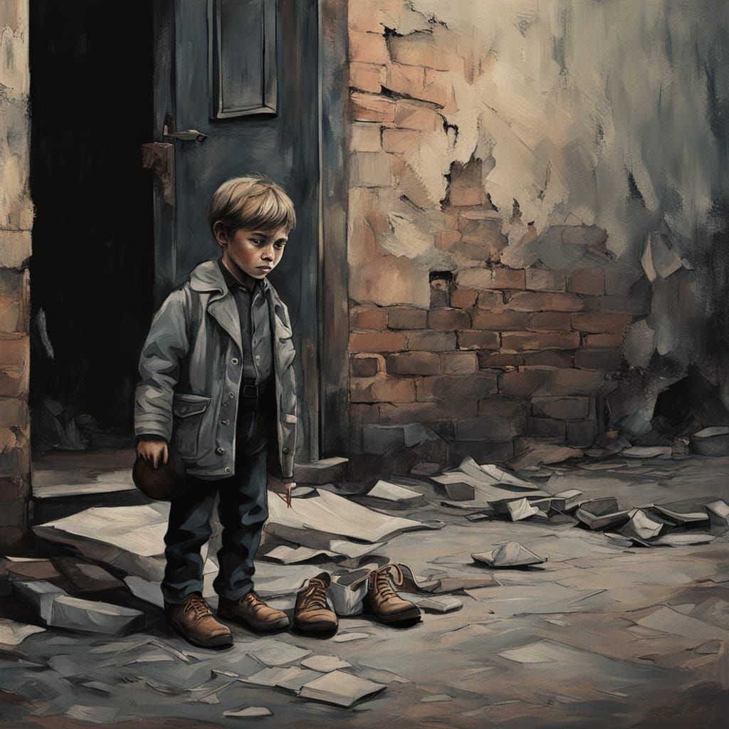Boy Collecting Charity in Desolate Urban Alleyway