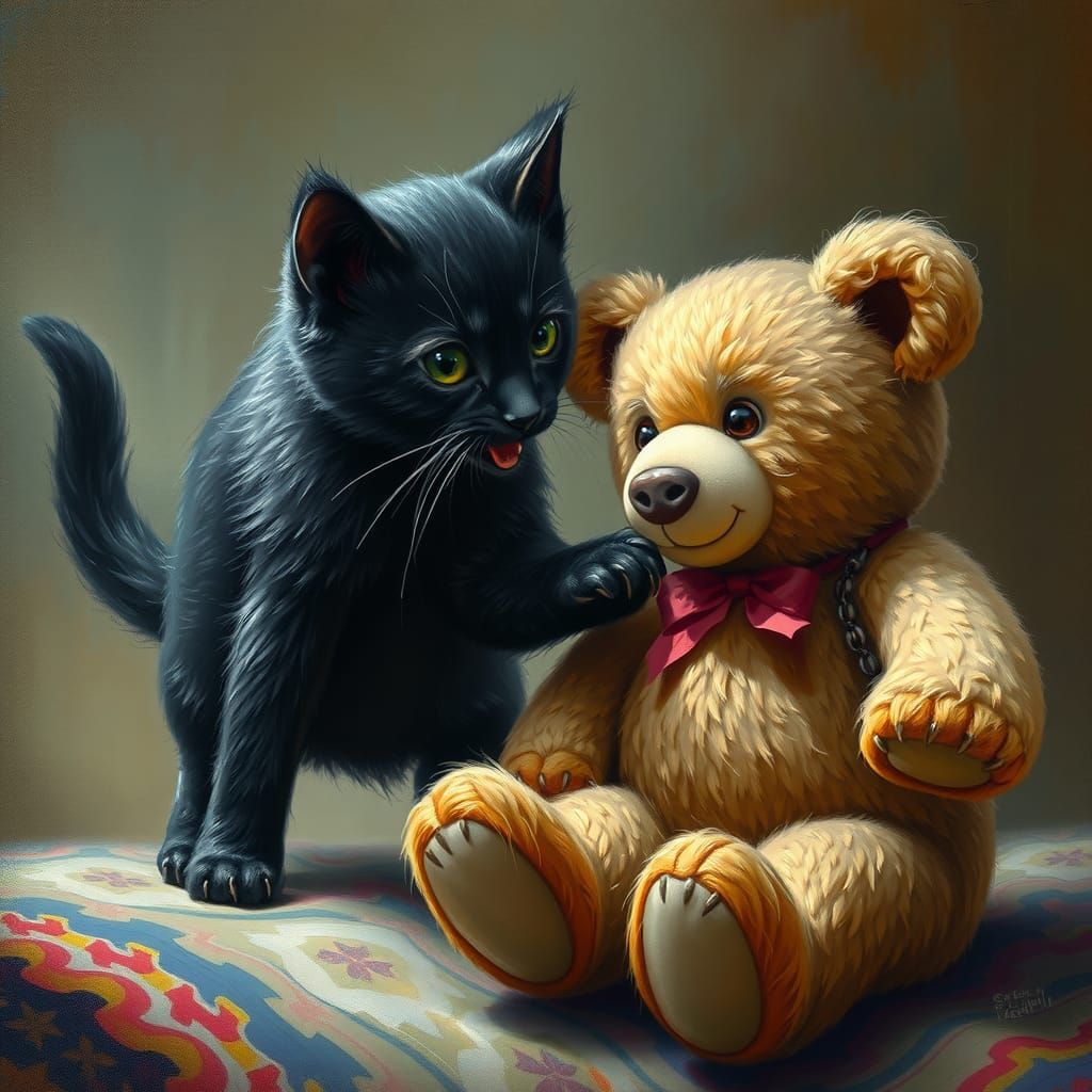 A Kitten playing with a Teddy Bear