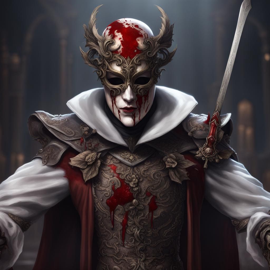 Dnd, fantasy, character, villian,wearing opera mask, blood dagger, dead body, set in fantasy opera, 8k, ...  by @Mawdeeps