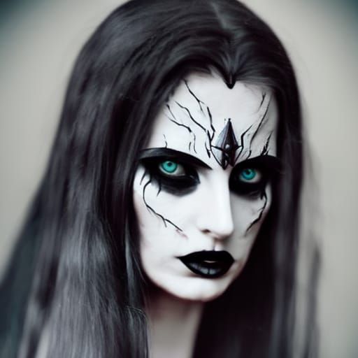 Ethereal gothic Hecate with long flowing black hair& sliver eyes& pale ...