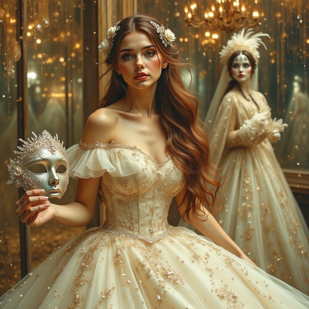 Dreamlike Masquerade Portrait in Opulent Ballroom