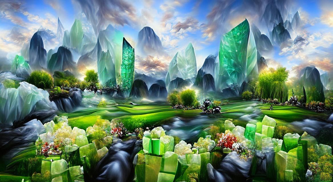 Beautiful Fantasy Landscape Verdant with Giant Crystal Digit...