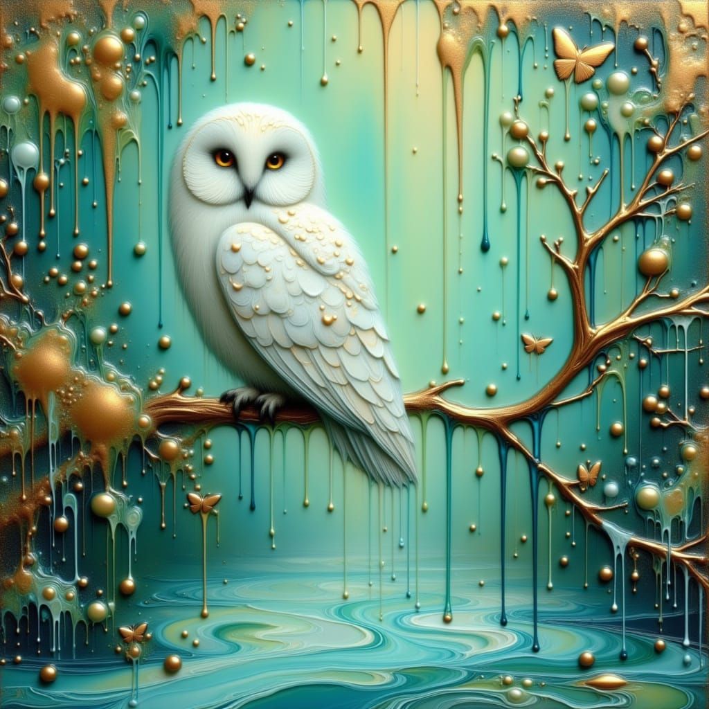 <lora:Teal and gold:1.0> teal and gold encaustic white owl on a branch over a beautiful reflection pond 