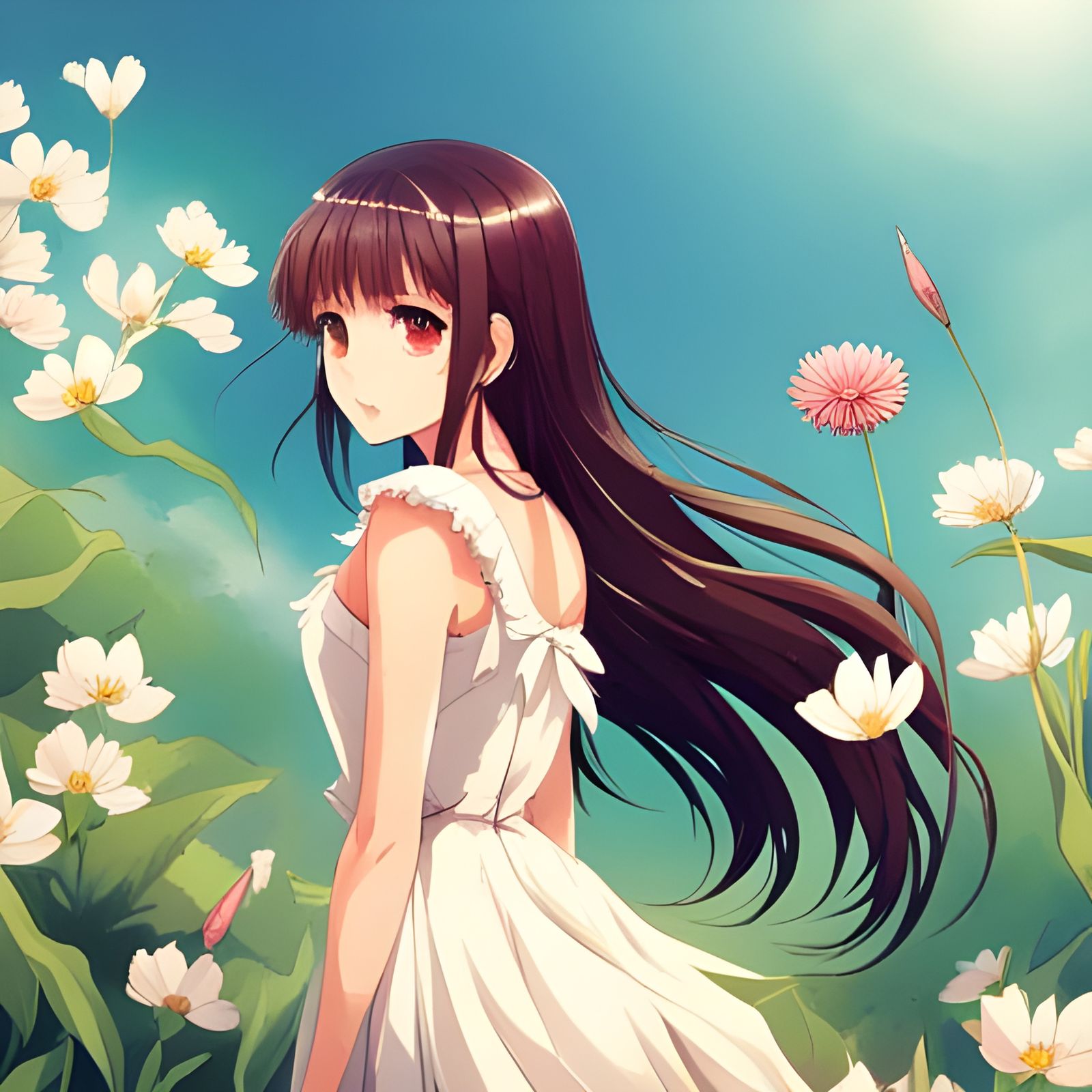 Anime teen girl walking through a field of wild flowers - AI Generated ...