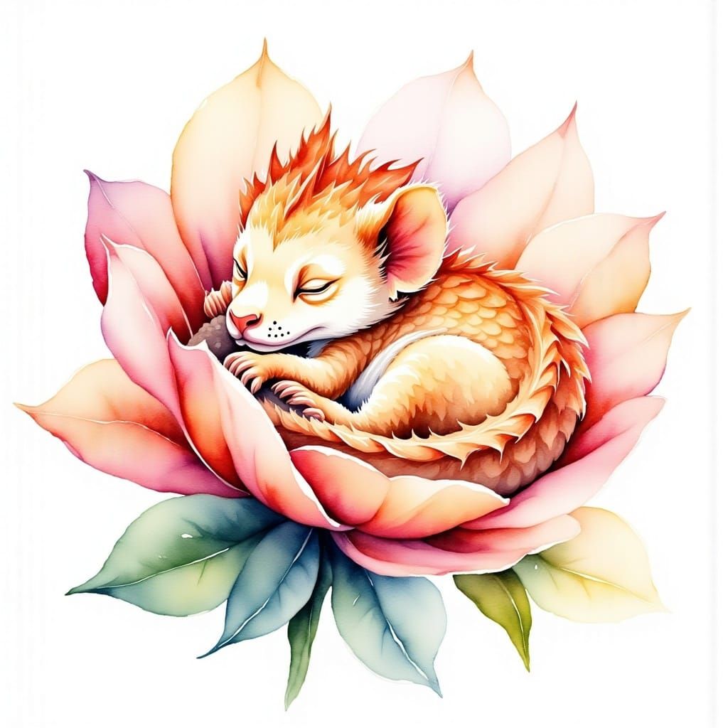 <lora:MOwatercolor Flux:1.0> A watercolor painting of a small cute baby dragon curled up and asleep, nestled inside a flower