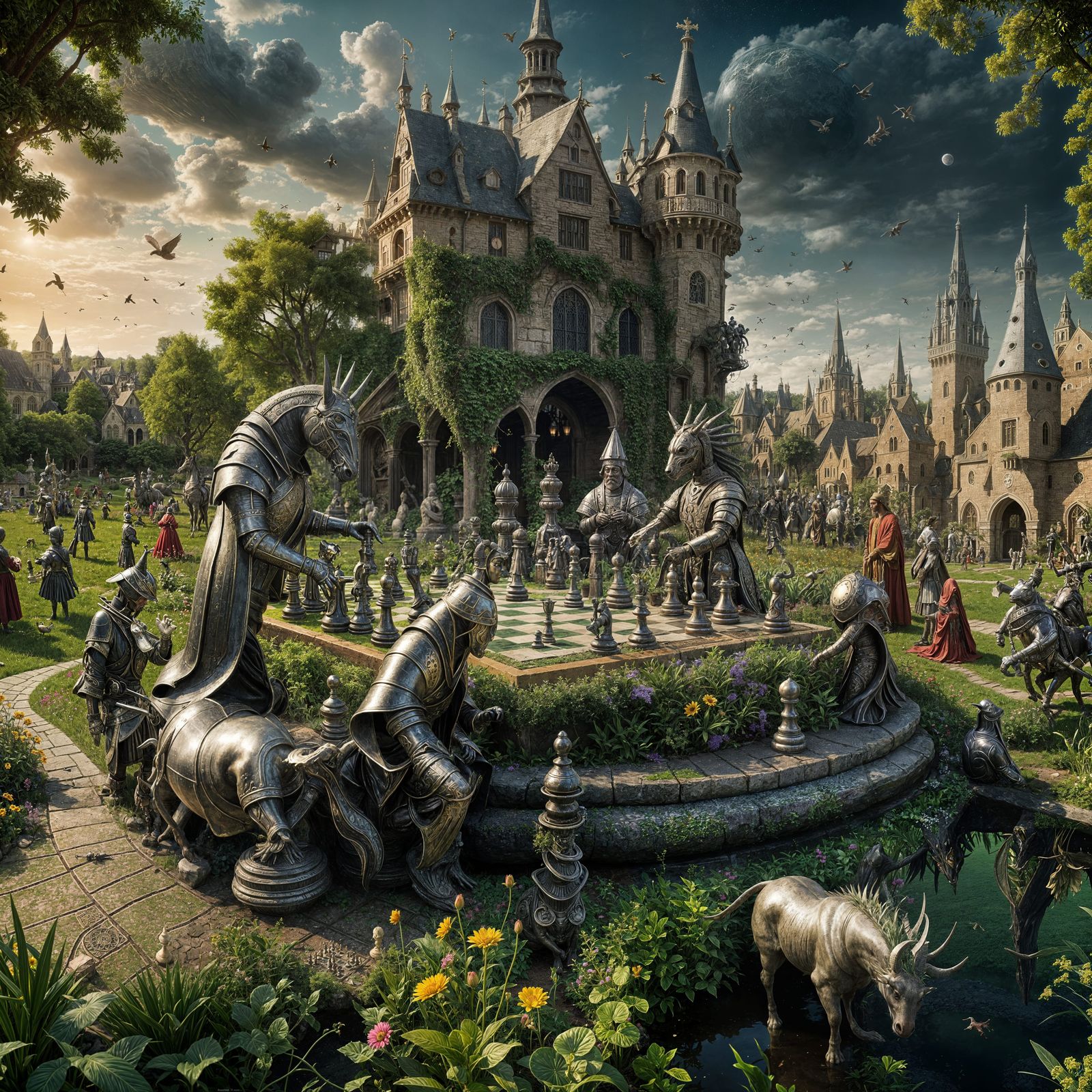 A chess game with chess pieces modeled  as in 'the garden of...