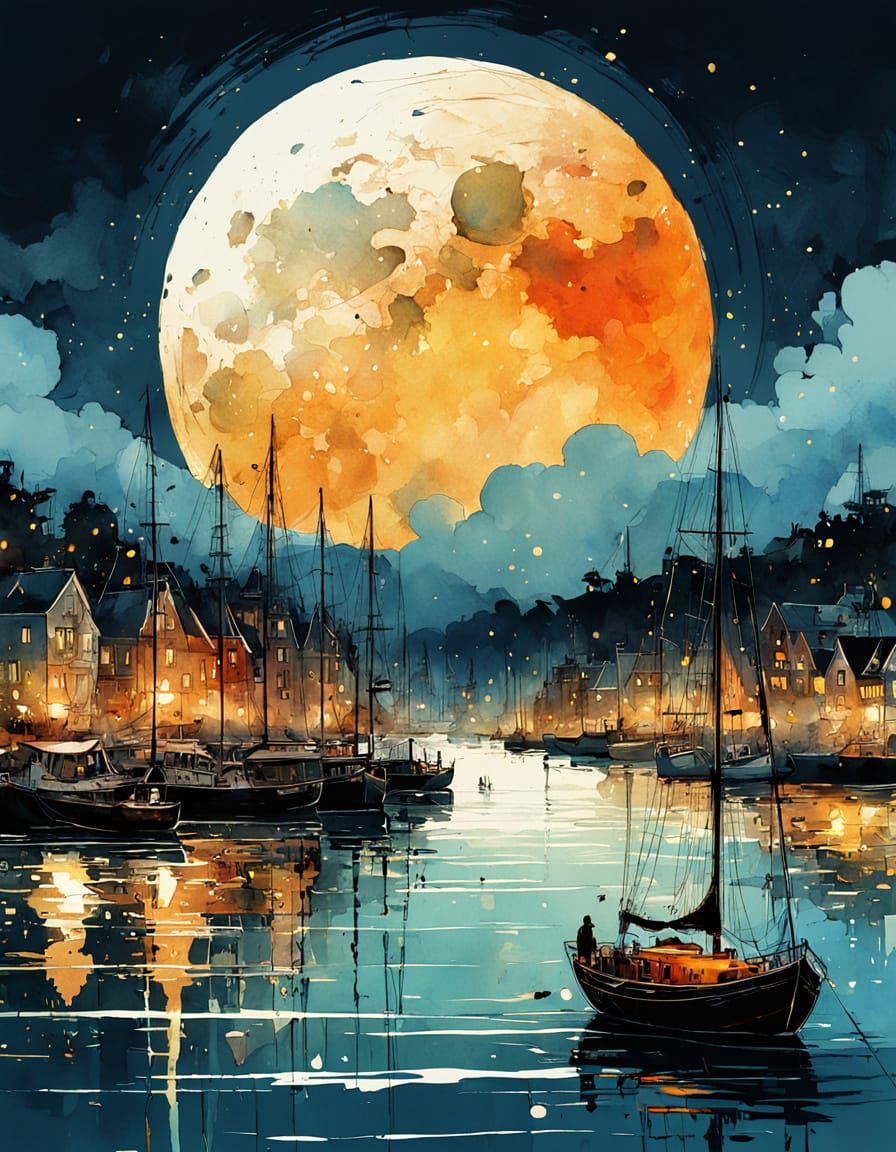 SAILING HARBOR AT GIANT FULL MOON  by @JustBubu