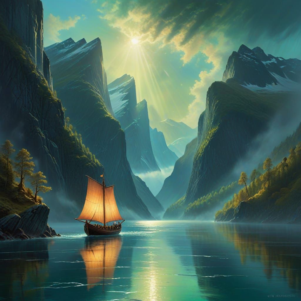 Imagine a breathtaking vista of the Norwegian fjords, with towering cliffs plunging into the deep, turquoise ...  by @Appjuicle