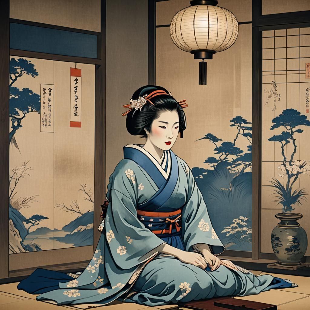 Ukiyo-e style art,  Japanese style home   by @GeekWorldMinion