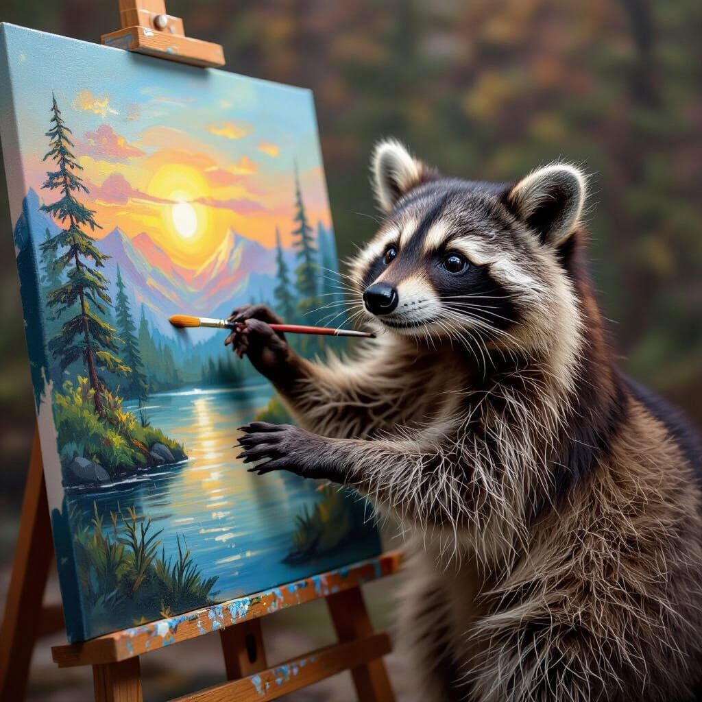 A raccoon painting a beautiful canvas painting   by @Mike 