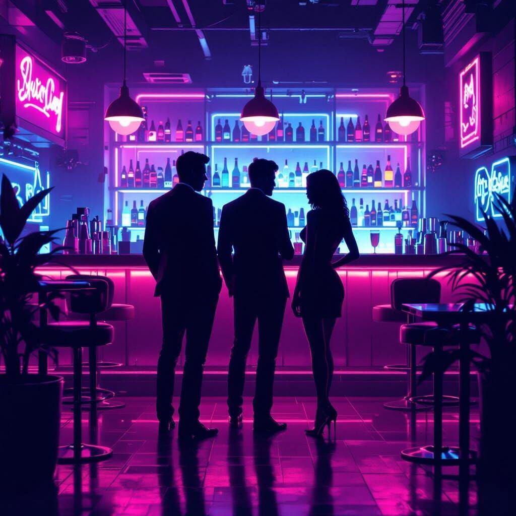silhouettes of three people in a trendy bar, two men and a woman, 