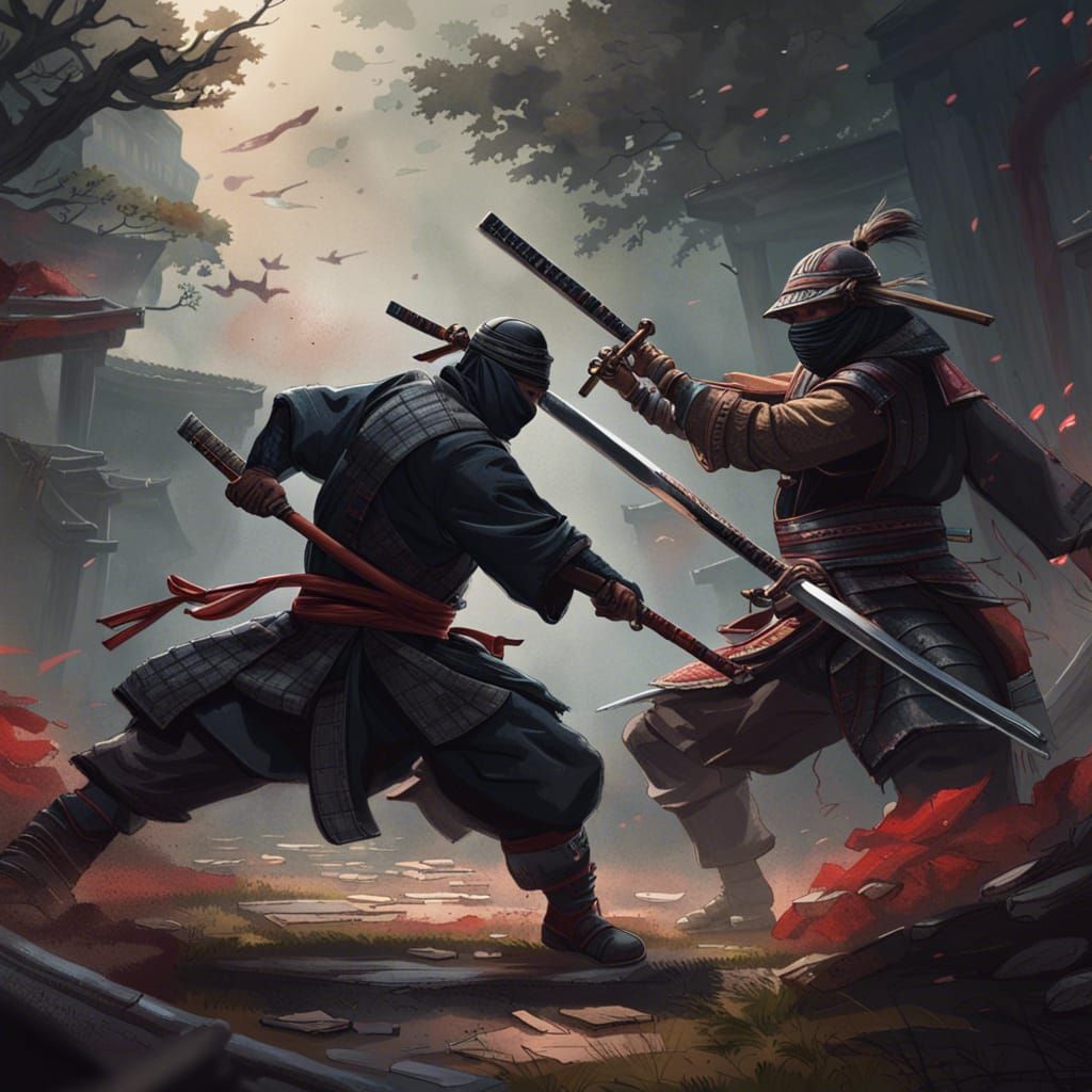 A ninja engaged in combat against a samurai warrior. a maste...