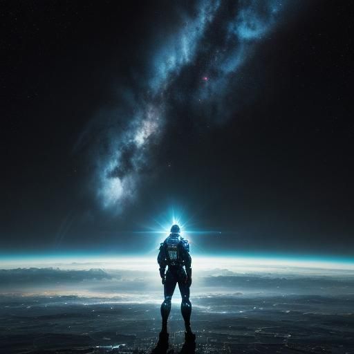 Visualize a cinematic moment where individuals clad in holog...