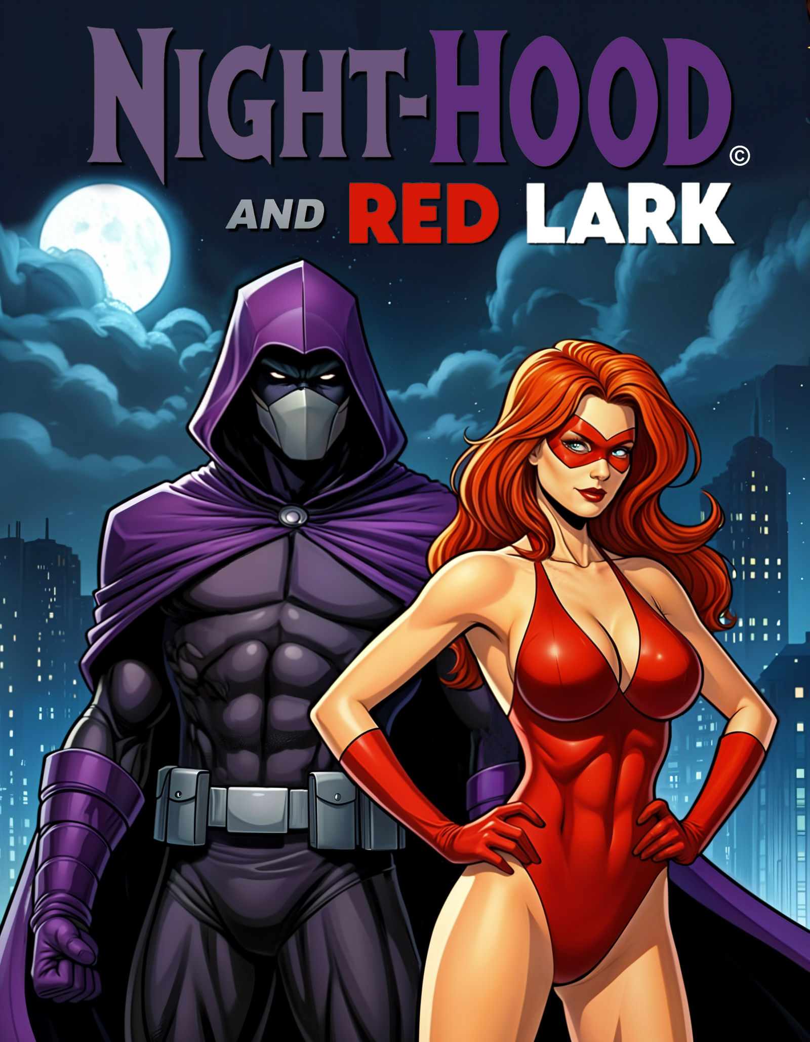 Military-trained Night-Hood is on a mission to clean up crime-ridden Crown City, assisted by martial arts-trained Red Lark.  by @Greyman