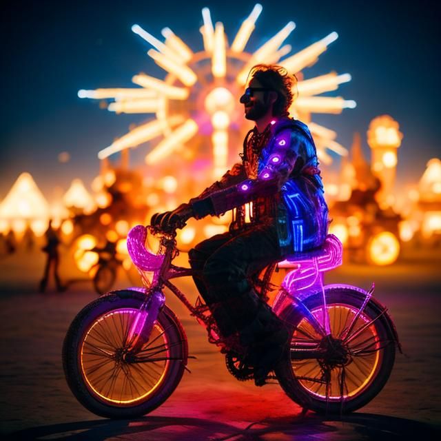  <lora:Joyful:1.0> Riding a bike at burning man, neon lights, nighttime