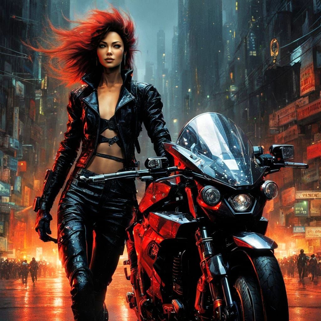 Stunning cyberpunk Eurasian biker  by @Babel