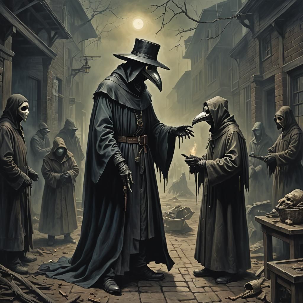 "Create a haunting portrayal of a plague doctor ministering ...