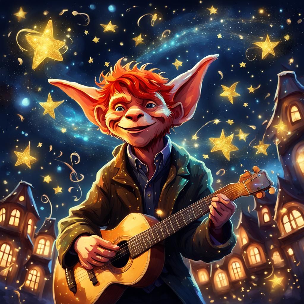Handsome, naughty red-haired goblin with guitar on an open-a...