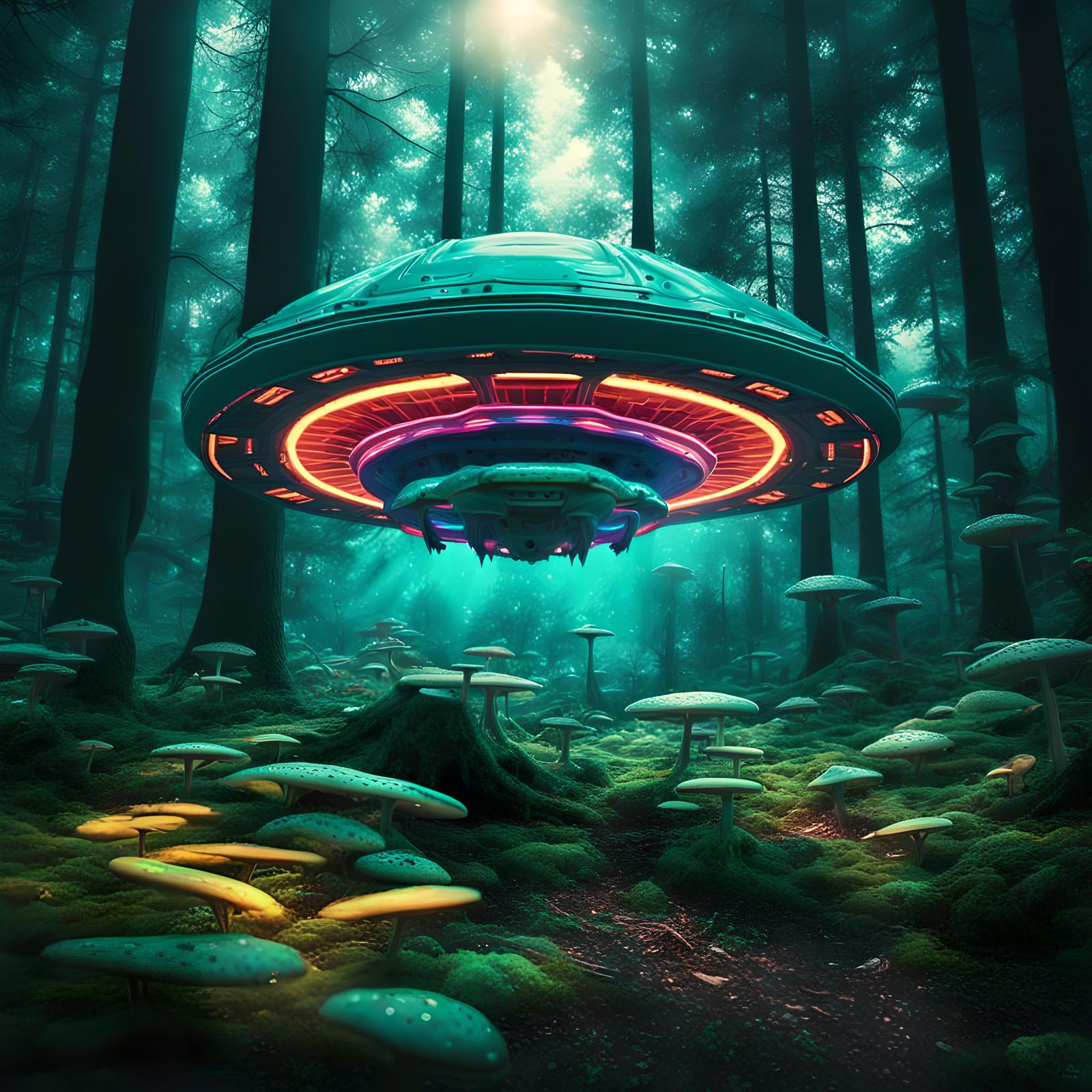 Ufo Crashed Into A Forest,dmt,trees,mushrooms,neon Colors,neon Little 