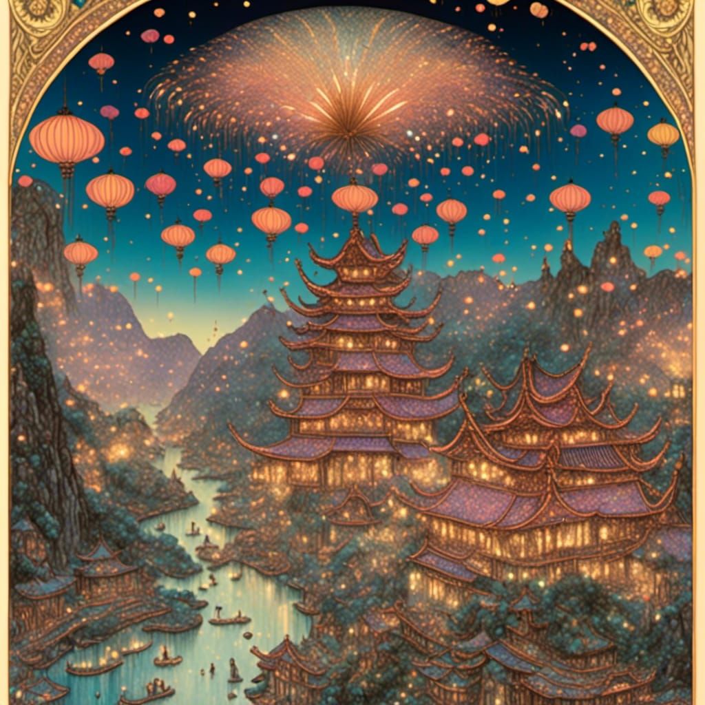 Chinese new year  themed  town with fireworks Detailed 1800s storybook illustration <lora:1800 Storybook:1.0> on cold-press paper, Louis-The...