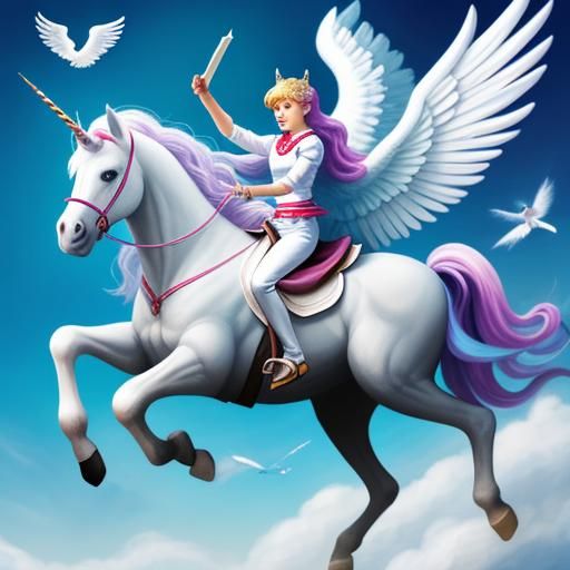 Angel riding on a unicorn reading a book