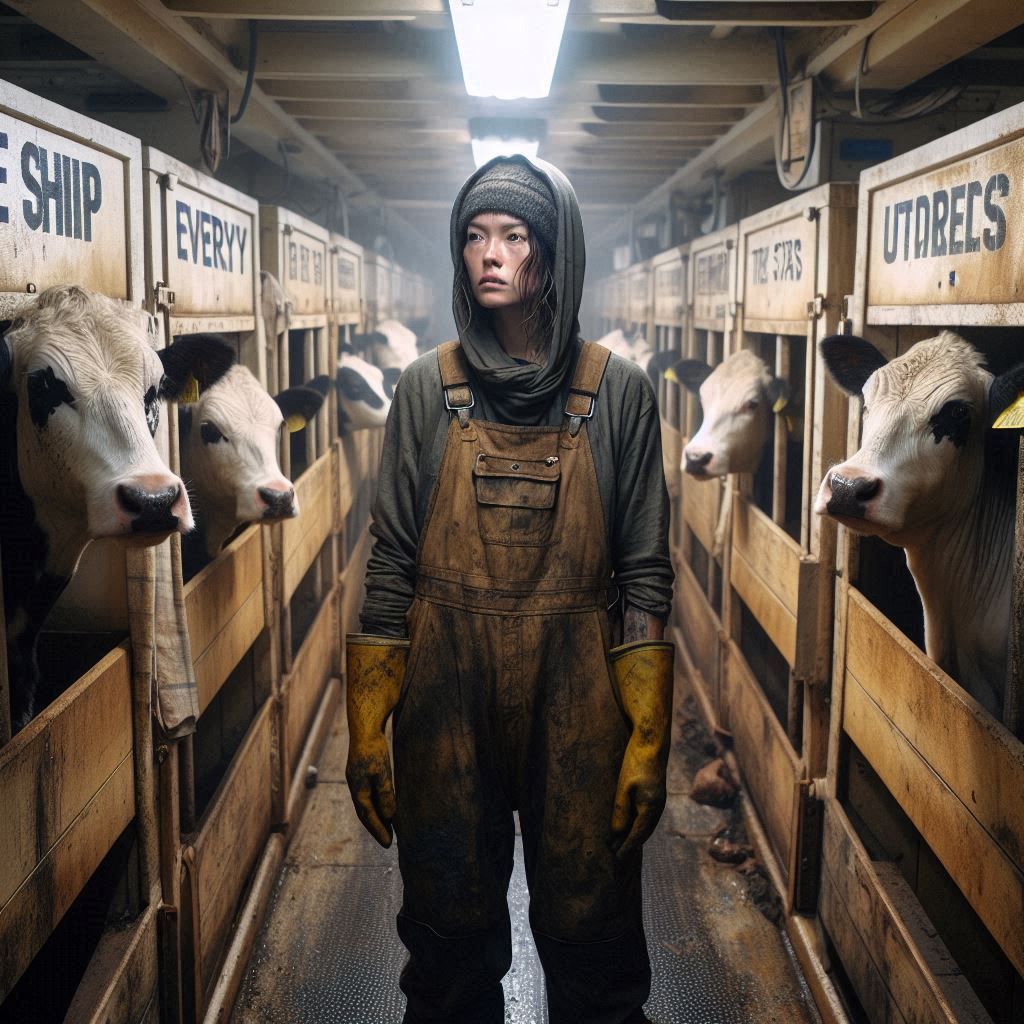 In an old tramp freighter in space, four cows are standing i...