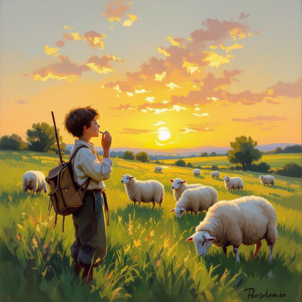 Shepherd Boy Herding Sheep in Golden Sunrise Meadow