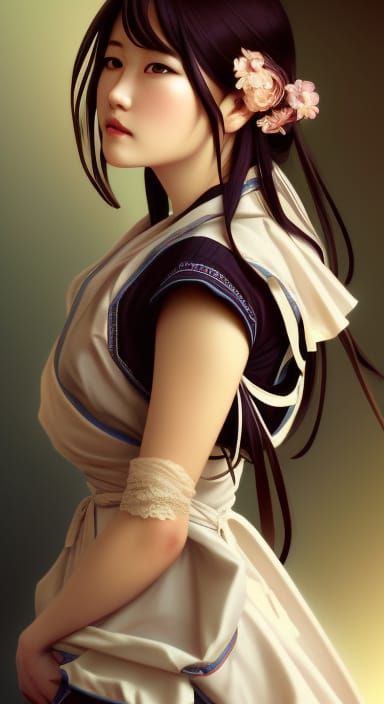 Japan girl, wearing western maid costum, high details face, manga, full body,  big tight breast, head and shoulders portrait, 8k resolution c - AI  Generated Artwork - NightCafe Creator