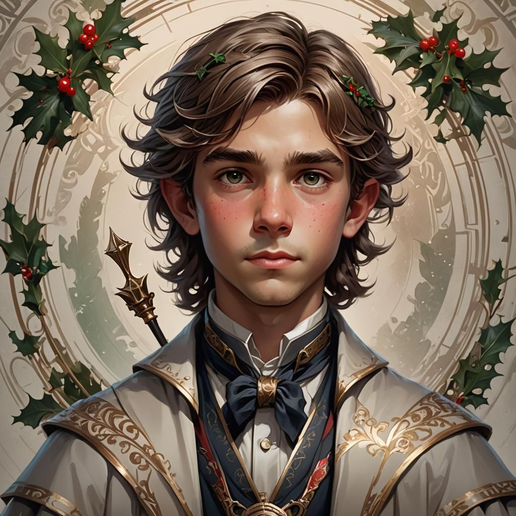 ten-year-old magister of Christmas, Jacob Whitaker in formal modern wizard attire. He has a lathed wand of holly wood. head and shoulders po...