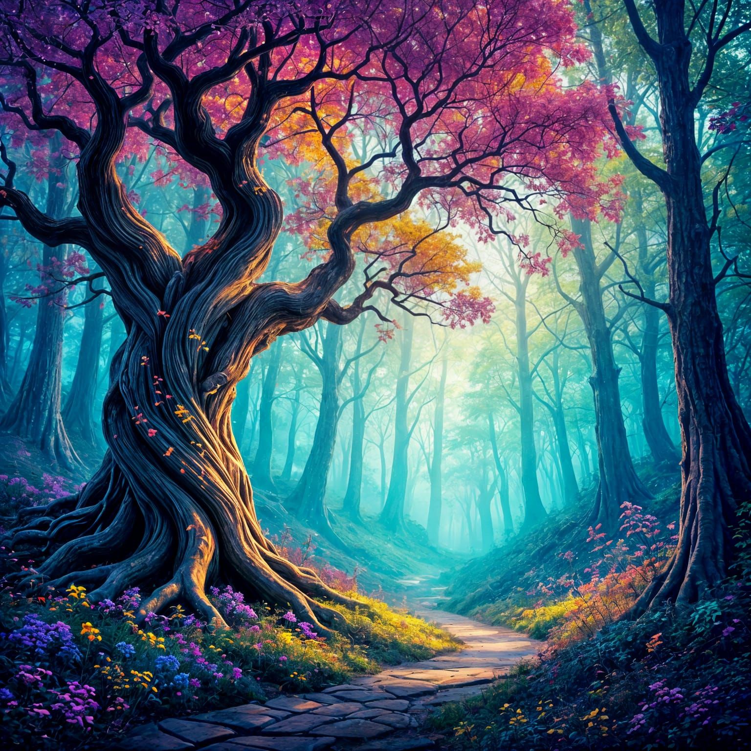 A twisted magical tree in a florescent colorful forest   by @DRIPPY Bi 4 LIFE