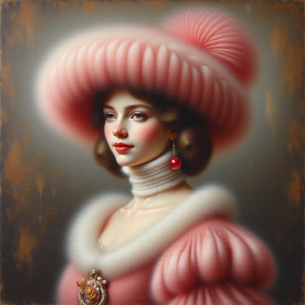 <lora:felt:1.0> Oil painting on felt. Baroque lady in a soft fluffy hat with ostrich feathers. Oil painting on felt. Very soft focus,